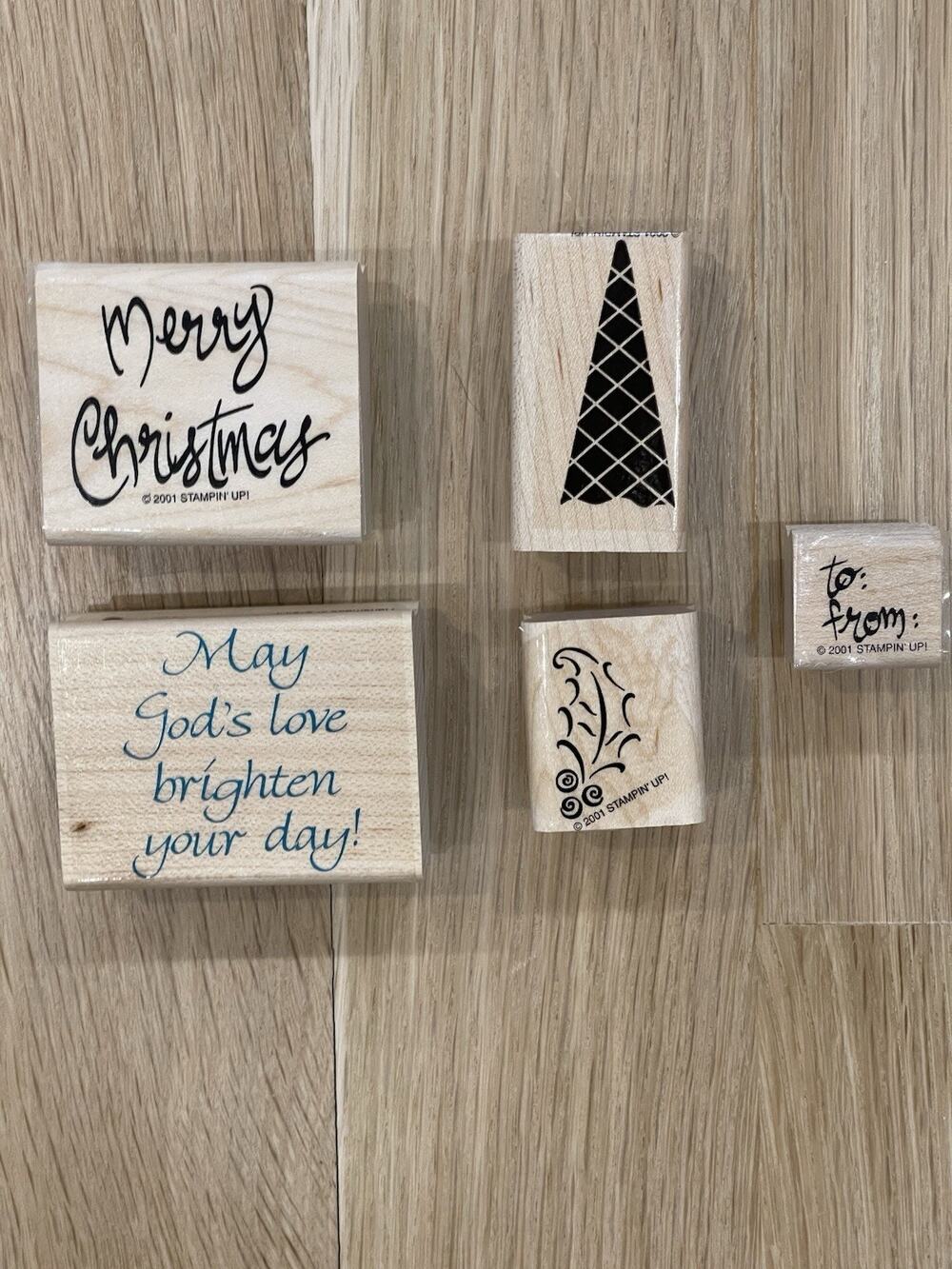 Christmas Rubber Stamp Set Lot of 5 Wood Wooden Tree Mistletoe Gift